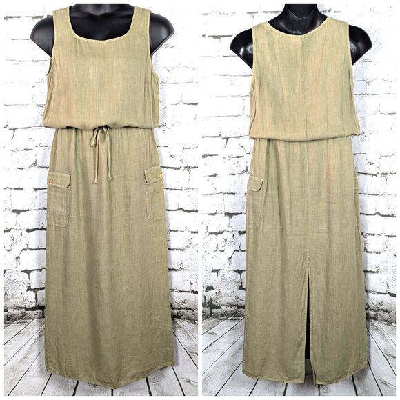 VINTAGE CAROLE LITTLE SPORT Safari Cargo 100% Linen Maxi Dress & Jacket USA M/L - Picture 2 of 9